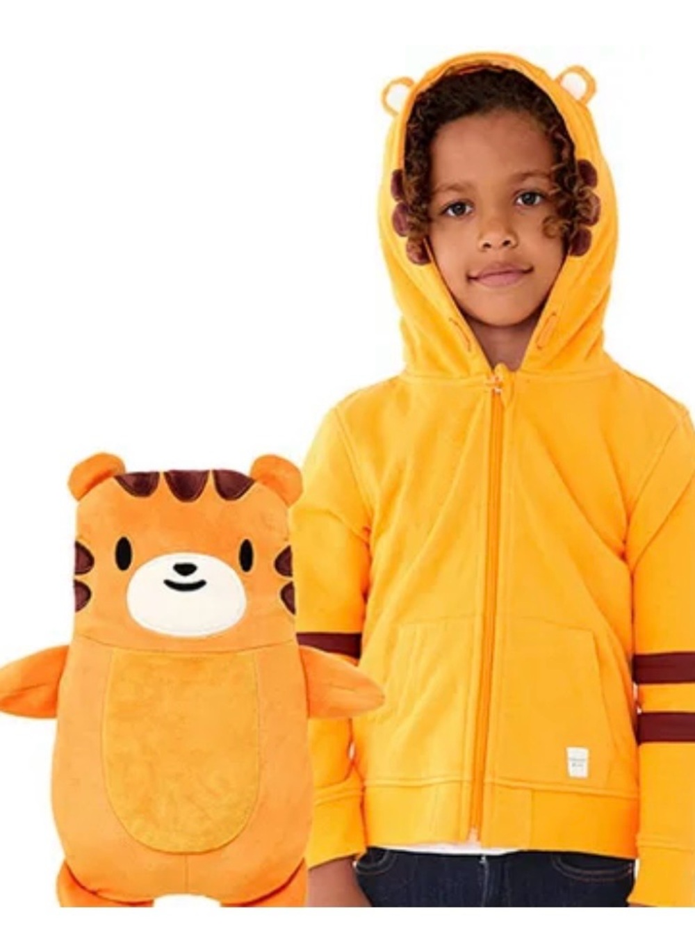 Kids Orange Bear Hoodie with Matching Plush - Cute Animal Zip Jacket